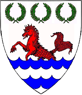 Argent, a sea-horse bendwise gules issuant from a base engrailed barry engrailed azure and argent, in chief three laurel wreaths vert.