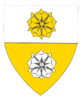 Image shows a heraldic shield divided in half horizontally, top white, bottom gold. A gold rose is above the division and a white rose is below.