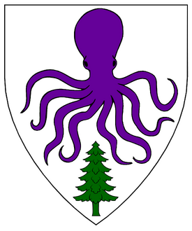 A European shield-shaped heraldic device depicting a large purple octopus ("polypus") above a small evergreen tree, all on a white background