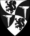 Per saltire arrondi argent and sable, two squirrels rampant sable and two armorer's anvils argent