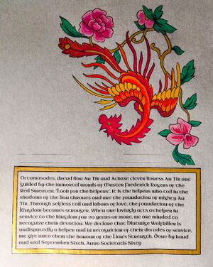 Original Lion's Strength for Hlutwige Wolfkiller - Design/Illumination/Layout & Painted by Siobhan an Sionnaigh Ruaidh September 2025 - An Asian Phoenix flying in front of a cherry blossom branch with 3 blossoms