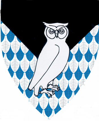 Shield with a white owl facing forward with it's head to the right, an inverted black triangle over a field of alternating blue and white feathers