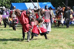 Photo of a grassy field full of fighters. In the foreground are two fighters in red tunics, Ts'ai T'ien-p'u and Artel. Ts'ai T'ien-p'u has hit Artel with a glaive and caused the chin strap to break. The helmet is caught mid-air while falling to the ground.