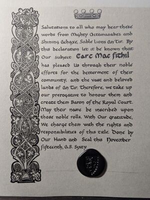 Celtic Style Court Barony Scroll on pergamenta